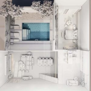 3d rendering. Interior house modern open living space with kitchen.Loft style Duplex apartment residence.Home decoration luxury interior design.