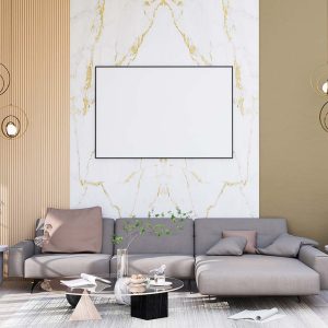 mock up poster frame in modern interior fully furnished rooms background, living room, 3D rendering